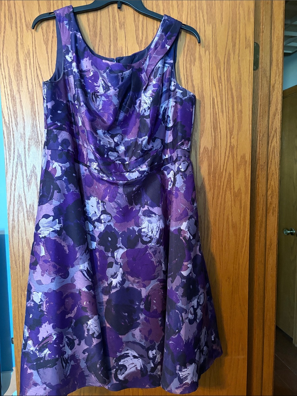 David's Bridal Purple Floral Satin Cowl-Neck A-Line Dress